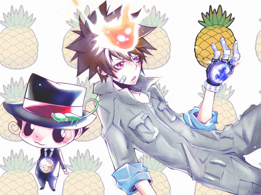 bad_id, bandaid, black_eyes, black_hair, bodysuit, brown_hair, chameleon, food