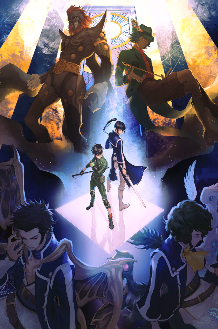 black_hair, dagda, flynn_(smt4), green_eyes, highres, holding, holding_sword, holding_weapon, jonathan_(smt), male_focus, multiple_boys, nanashi_(shin_megami_tensei_iv_final), ponytail, qingxingzhen, shin_megami_tensei, shin_megami_tensei_iv, shin_megami_tensei_iv_final, sword, walter_(smt), weapon