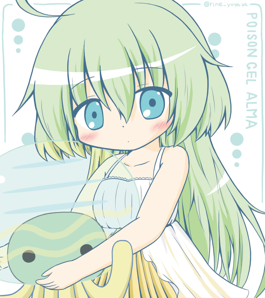 1girl, animal, bangs, bare_arms, bare_shoulders, blue_eyes, blush, character_name, closed_mouth, collarbone, dress, emil_chronicle_online, eyebrows_visible_through_hair, green_hair, hair_between_eyes, highres, holding, holding_animal, jellyfish, long_hair, looking_at_viewer, poison_gel_alma, rinechun, sleeveless, sleeveless_dress, solo, transparent, twitter_username, very_long_hair, white_dress