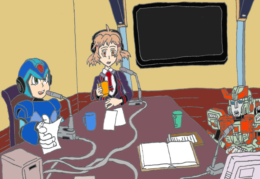 1girl, 2boys, absurdres, android, bandai_namco, book, brown_eyes, brown_hair