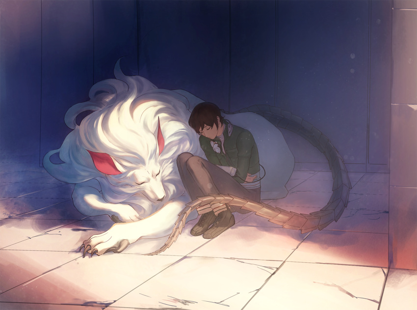 1boy, boots, brown_hair, cerberus_(megami_tensei), full_body, kazuya_(shin_megami_tensei), male_focus, qingxingzhen