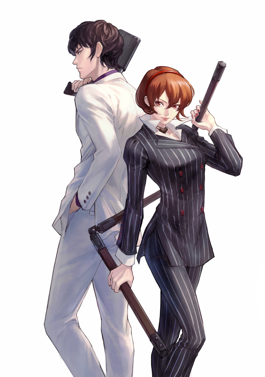 1boy, 1girl, back-to-back, black_hair, brown_eyes, brown_hair, devil_summoner, formal