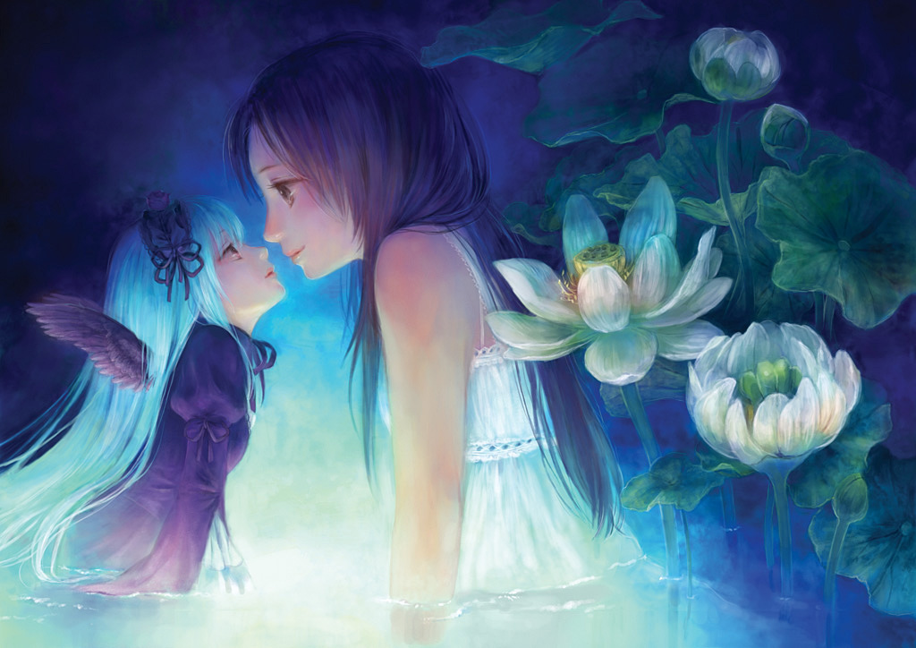 2girls, black_hair, camisole, doll, eye_contact, flower, hairband, incipient_kiss, kakizaki_megu, light_smile, lips, lolita_fashion, long_hair, megu, miya_(foolish_order), multiple_girls, profile, rozen_maiden, suigintou, water, white_hair, wings