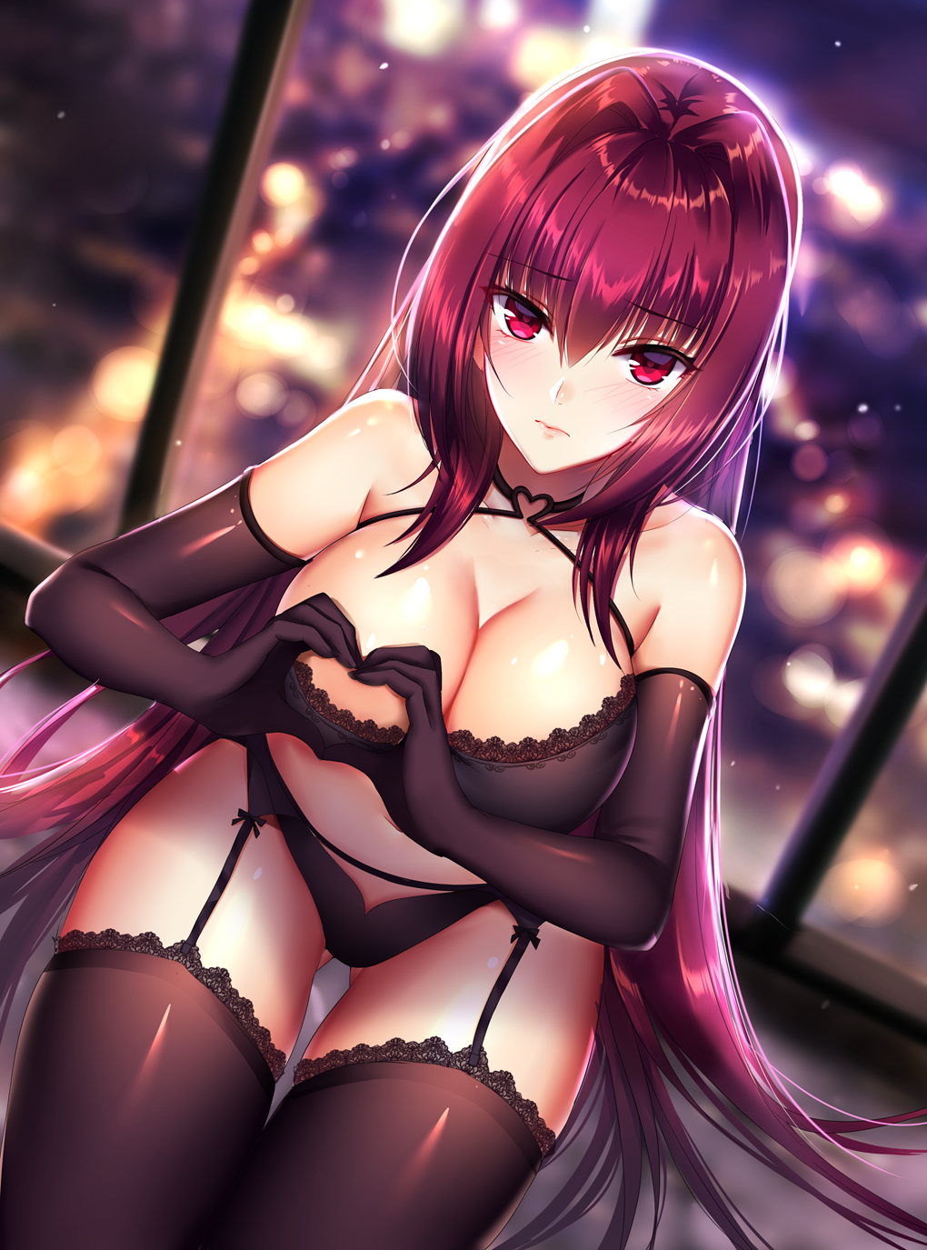 1girl, bangs, bare_shoulders, black_bra, black_gloves, black_legwear, black_panties, blurry