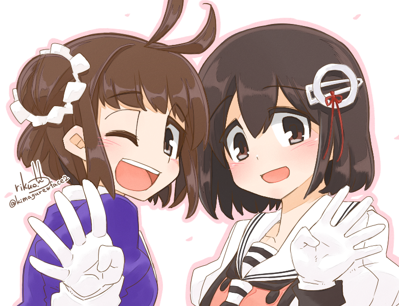 2girls, :d, ;d, bangs, black_hair, black_neckwear, blush, brown_eyes