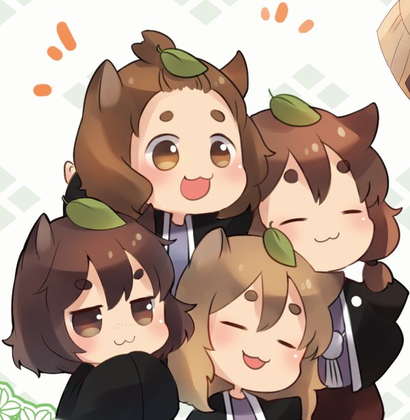 4girls, :3, animal_ears, black_jacket, brown_eyes, brown_hair, chibi, commentary_request