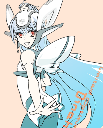 blue_hair, enoki, flat_chest, kos-mos, long_hair, lowres, personification, red_eyes