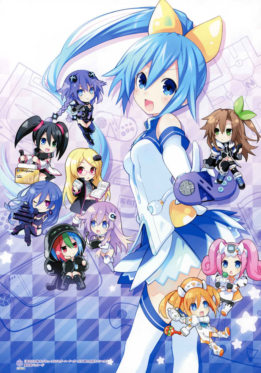 6+girls, absurdres, bare_shoulders, black_hair, blonde_hair, blue_eyes, blue_hair, blush