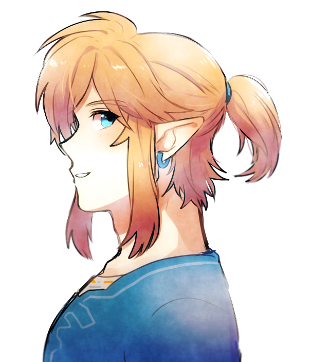 1boy, bangs, blonde_hair, blue_eyes, earrings, grin, jewelry, link