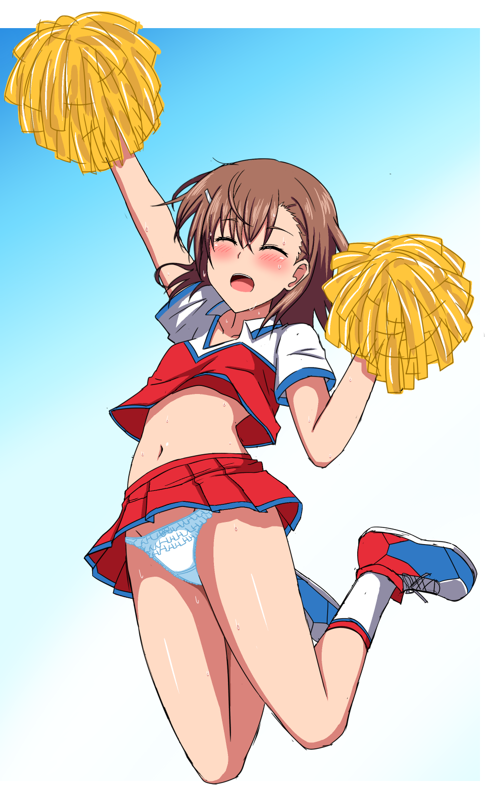 1girl, alternate_costume, arm_up, bangs, blue_background, blue_footwear, blush, brown_hair