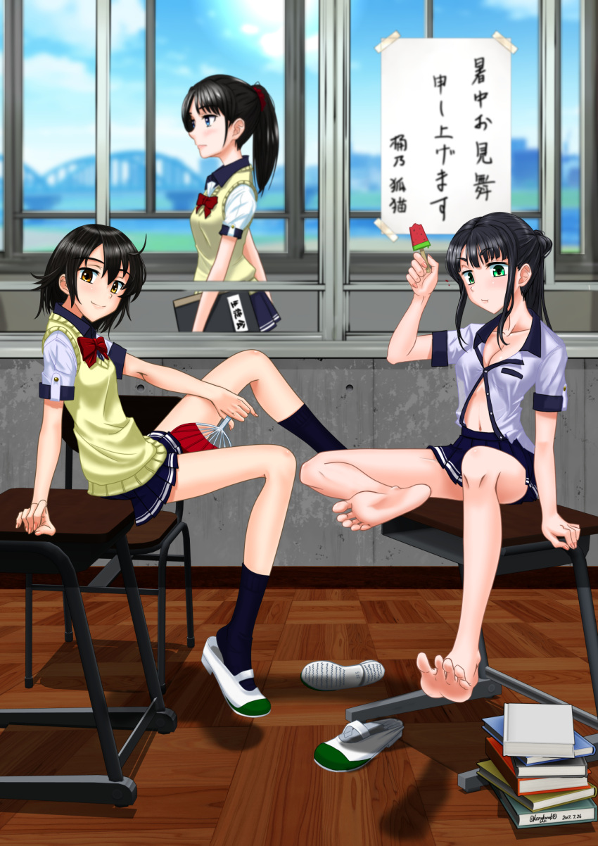 3girls, :t, arch_bridge, barefoot, black_hair, blue_eyes, blue_legwear, blue_skirt