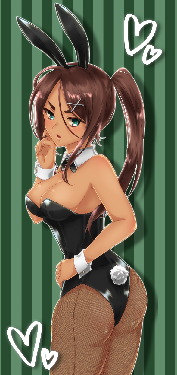 1girl, ahagon_umiko, animal_ears, ass, bare_shoulders, breasts, brown_hair, bunny_girl