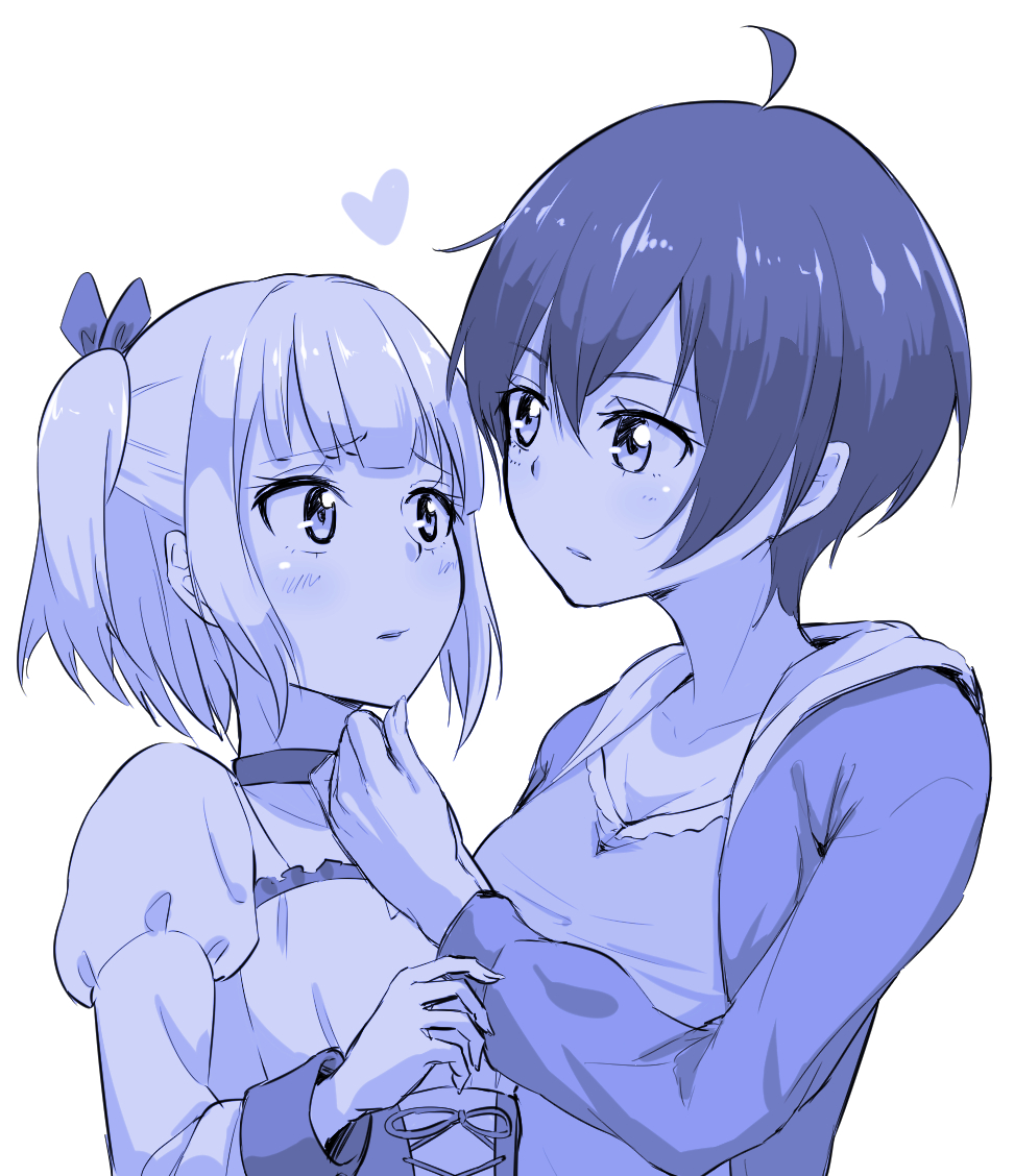 2girls, ahoge, blue, blush, choker, dress, eye_contact, heart
