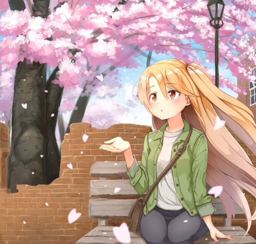 1girl, ame., arm_support, azur_lane, bag, bangs, bench, black_jeans