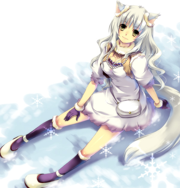 arm_support, bag, beads, breasts, cleavage, fox_ears, gloves, kneehighs