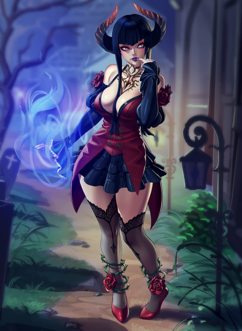 1girl, bare_shoulders, black_hair, black_legwear, breasts, cleavage, eliza_(tekken), finger_to_mouth