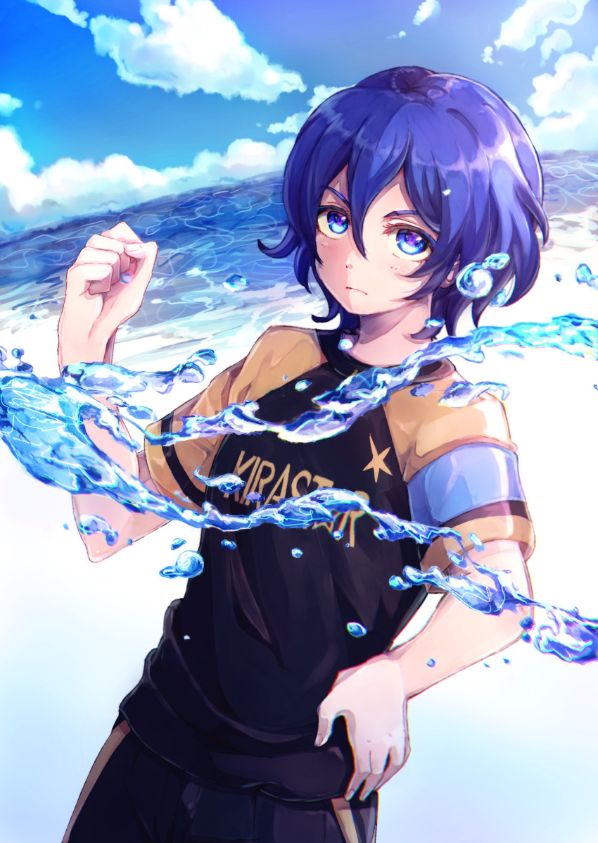 1boy, around_80, blue_eyes, blue_hair, hand_on_hip, highres, inazuma_eleven_ares_no_tenbin, looking_at_viewer, male_focus, mizukamiya_seiryuu, soccer_uniform, solo, sportswear, water
