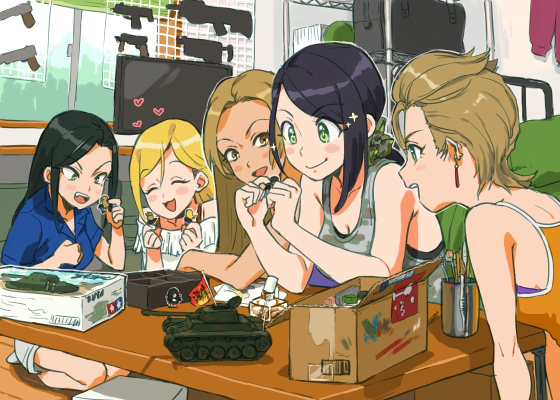 5girls, :3, bare_shoulders, black_hair, blonde_hair, blush_stickers, box, breasts