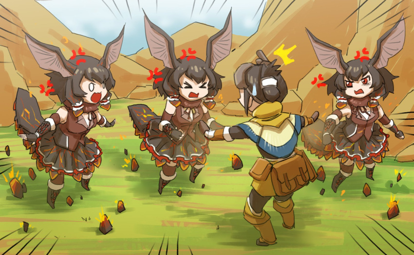 >_<, /\/\/\, 4girls, anger_vein, angry, bare_shoulders, bazelgeuse, belt_pouch