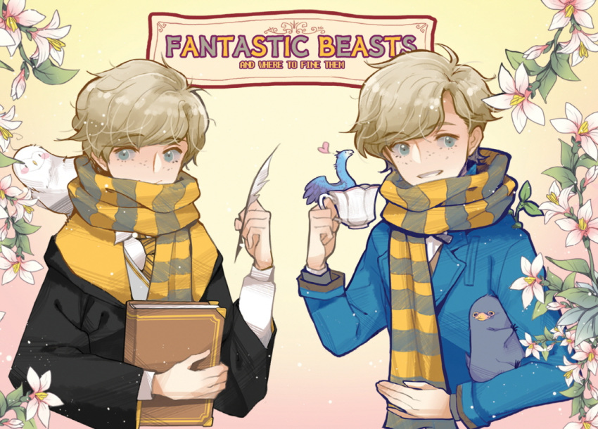 1boy, bird, book, bowtruckle, brown_hair, copyright_name, cup, fantastic_beasts_and_where_to_find_them