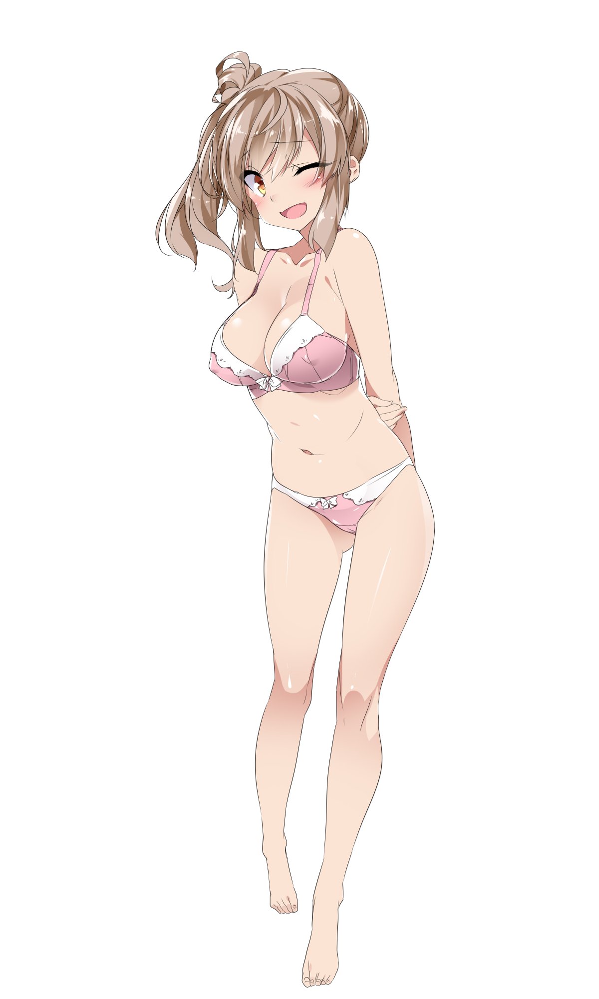 1girl, arms_behind_back, barefoot, bra, breasts, brown_hair, cevio, cleavage