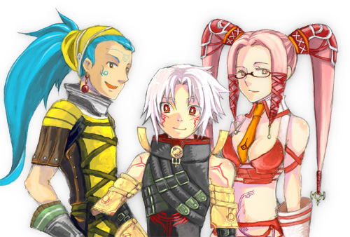 .hack//g.u., .hack//games, bare_shoulders, blue_hair, brown_eyes, facial_mark, forehead_mark, glasses