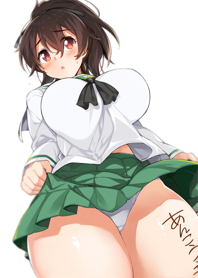 1girl, aburidashi_zakuro, bangs, black_neckwear, black_ribbon, blouse, blue_panties, blurry
