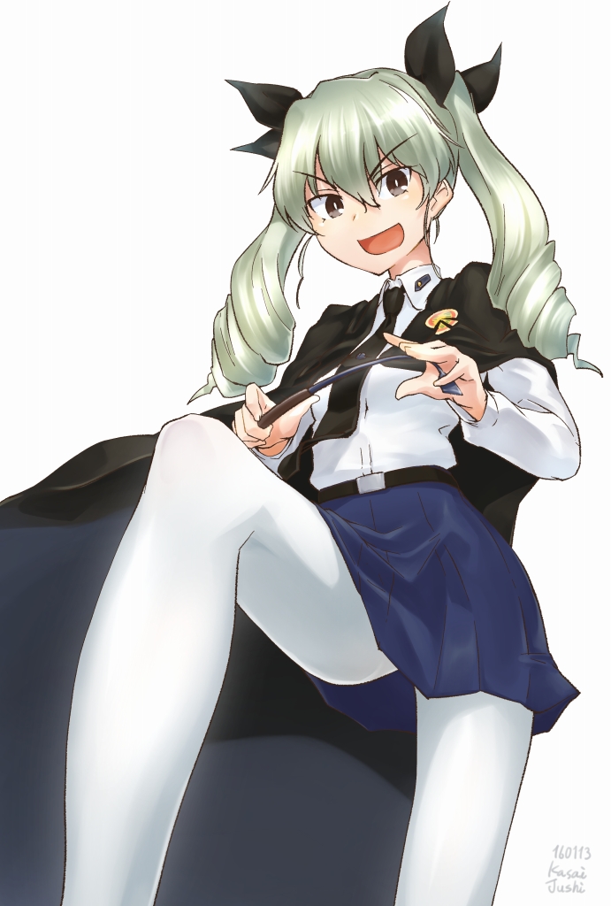 1girl, :d, anchovy, anzio_(emblem), anzio_school_uniform, artist_name, bangs, belt