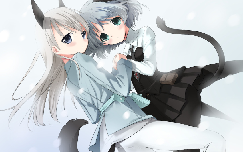 animal_ears, ass, black_legwear, blue_eyes, eila_ilmatar_juutilainen, green_eyes, hand_holding, highres