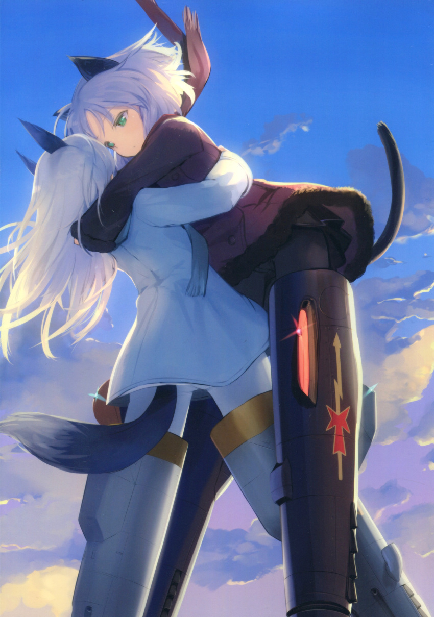2girls, absurdres, animal_ears, black_legwear, black_skirt, blue_coat, cat_ears, cat_tail