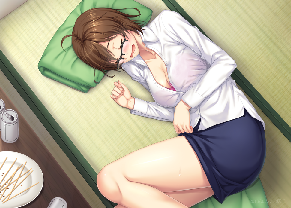 1girl, ahoge, beer_can, black-framed_eyewear, bra, breasts, brown_hair, can