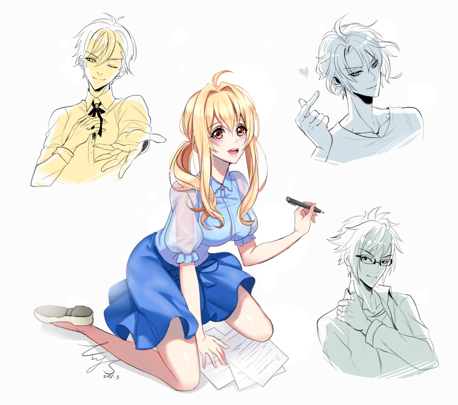 1girl, 3boys, :d, ;), ahoge, blonde_hair, blue_skirt, brown_eyes