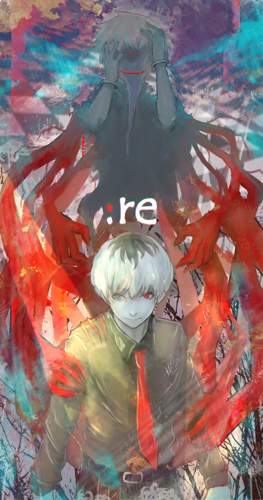 2boys, absurdres, black_hair, buckle, chains, closed_mouth, collared_shirt, commentary, cuffs, dokudokuo, eyebrows, flower, grabbing, grey_eyes, handcuffs, hands_on_own_head, heterochromia, highres, kaneki_ken, long_sleeves, male_focus, multicolored_hair, multiple_boys, multiple_hands, necktie, pants, red_eyes, red_neckwear, sasaki_haise, shirt, spider_lily, standing, striped, striped_pants, tokyo_ghoul, tokyo_ghoul:re, two-tone_hair, white_hair, wing_collar
