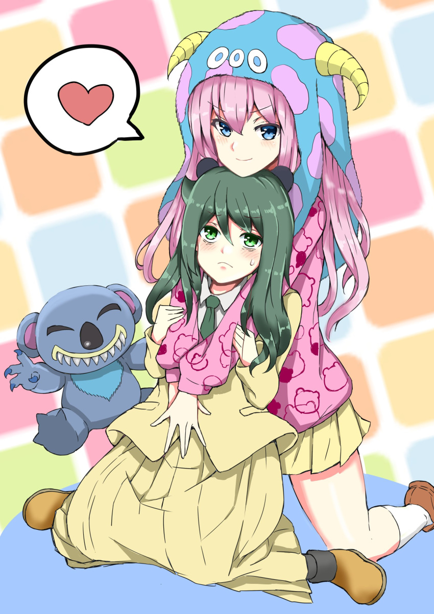 2girls, animal_ears, black_hair, blue_eyes, blush, cardigan, commentary_request, fake_animal_ears, green_eyes, heart, highres, horns, jacket, kuroki_tomoko, long_hair, long_skirt, long_sleeves, multiple_girls, necktie, nemoto_hina, pink_hair, skirt, smile, spoken_heart, taniya, watashi_ga_motenai_no_wa_dou_kangaetemo_omaera_ga_warui!, yellow_skirt