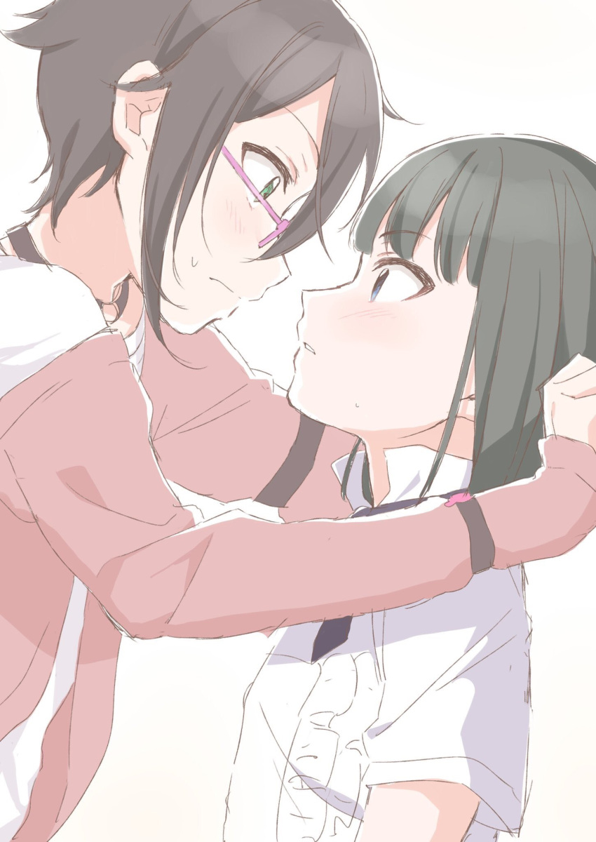 black_hair, blue_eyes, blush, bob_cut, choker, eye_contact, glasses, green_eyes