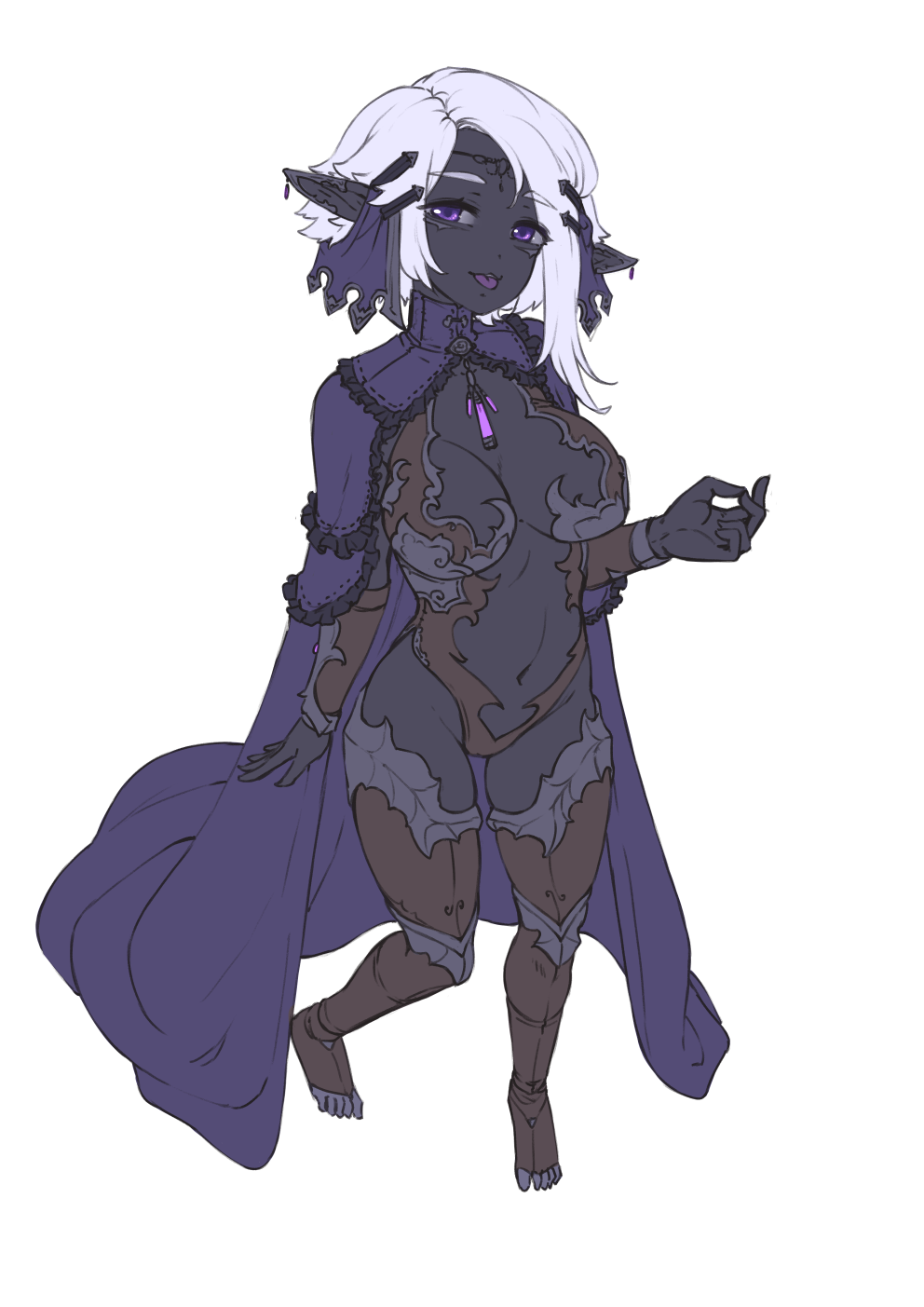 1girl, :p, asymmetrical_hair, barbariank, black_skin, bracer, breasts, brown_legwear, cape, commentary, dark_elf, ear_piercing, elf, eyebrows_visible_through_hair, grey_sclera, head_tilt, highres, jewelry, large_breasts, leotard, looking_at_viewer, monster_girl, navel, necklace, original, piercing, pointy_ears, purple_cape, revealing_clothes, short_hair, solo, standing, thigh-highs, toeless_legwear, tongue, tongue_out, transparent_background, violet_eyes, white_hair