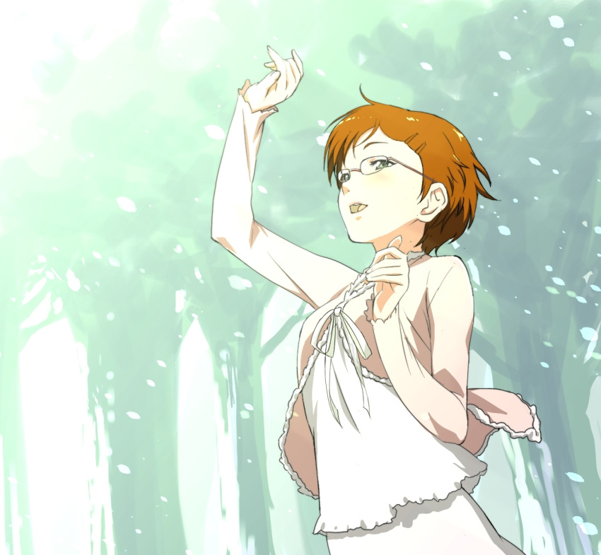 1girl, arm_up, blurry, blurry_background, blush, chounan, day, dress