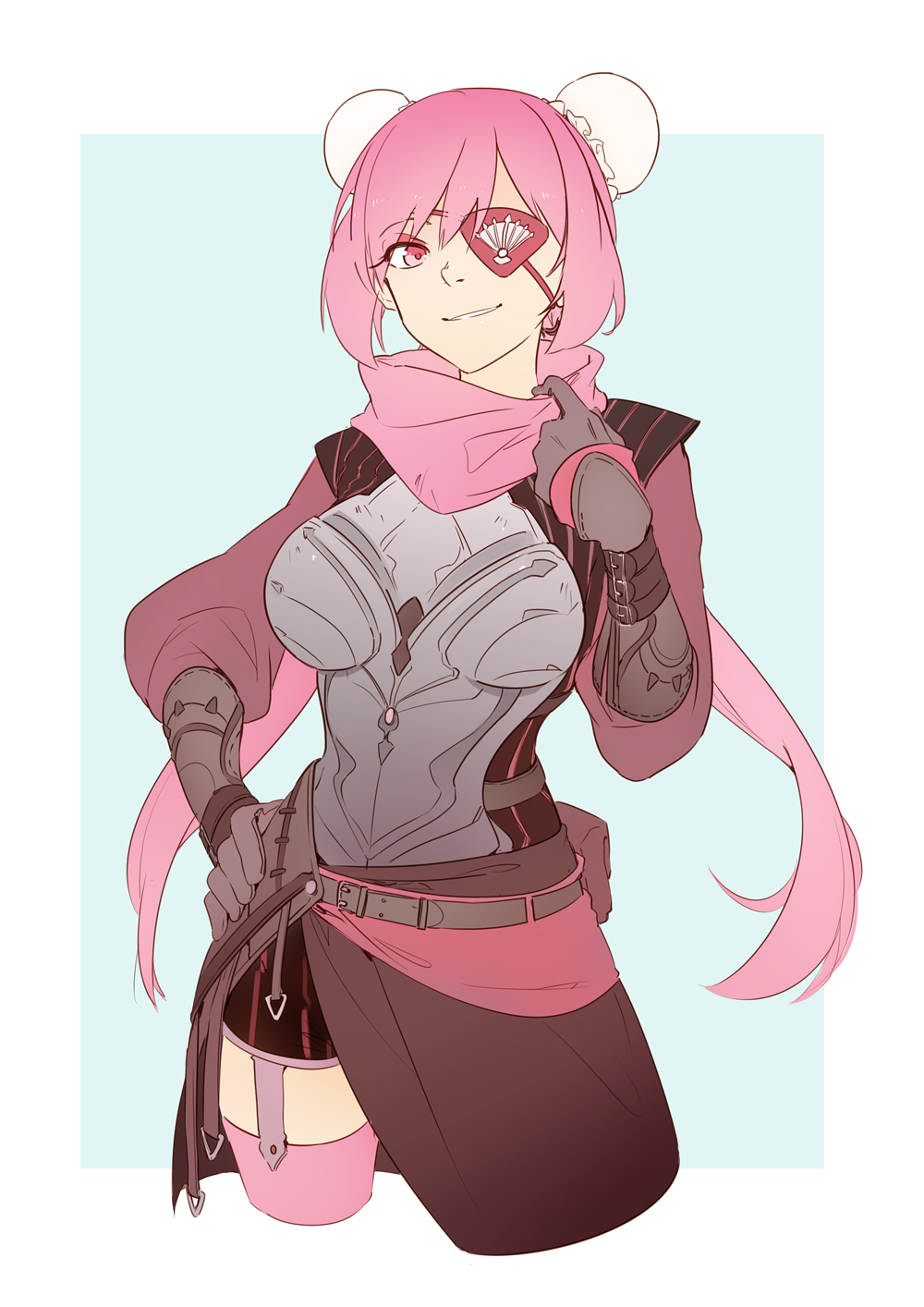1girl, 3four, adjusting_clothes, adjusting_scarf, arm_belt, armor, blue_background, boobplate