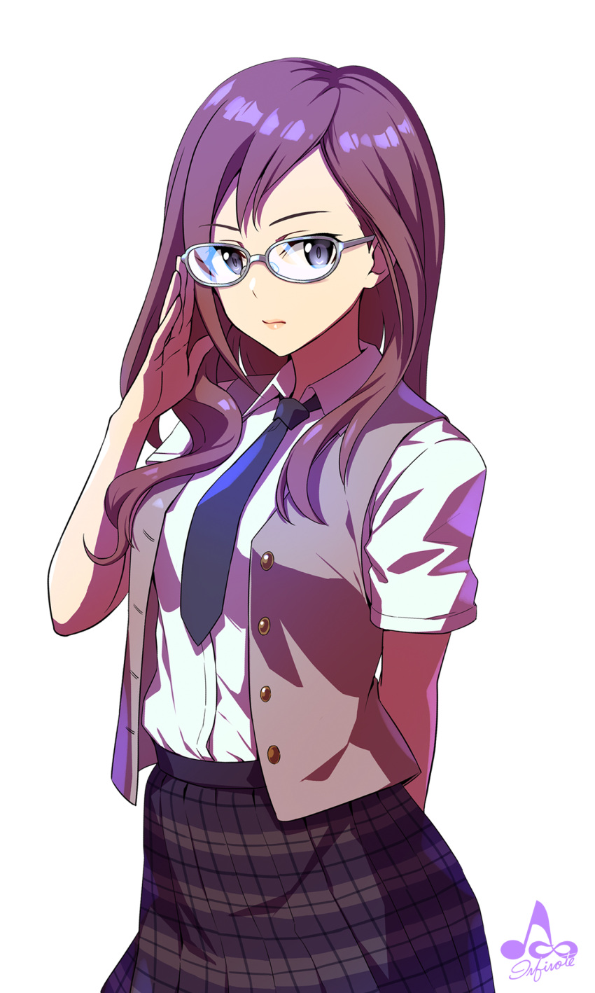 1girl, artist_name, blue_eyes, brown_hair, expressionless, glasses, half_updo, highres, idolmaster, idolmaster_cinderella_girls, infinote, long_hair, necktie, shirt, skirt, sleeveless, sleeveless_shirt, solo, vest, whi, white_background, white_shirt, yagami_makino