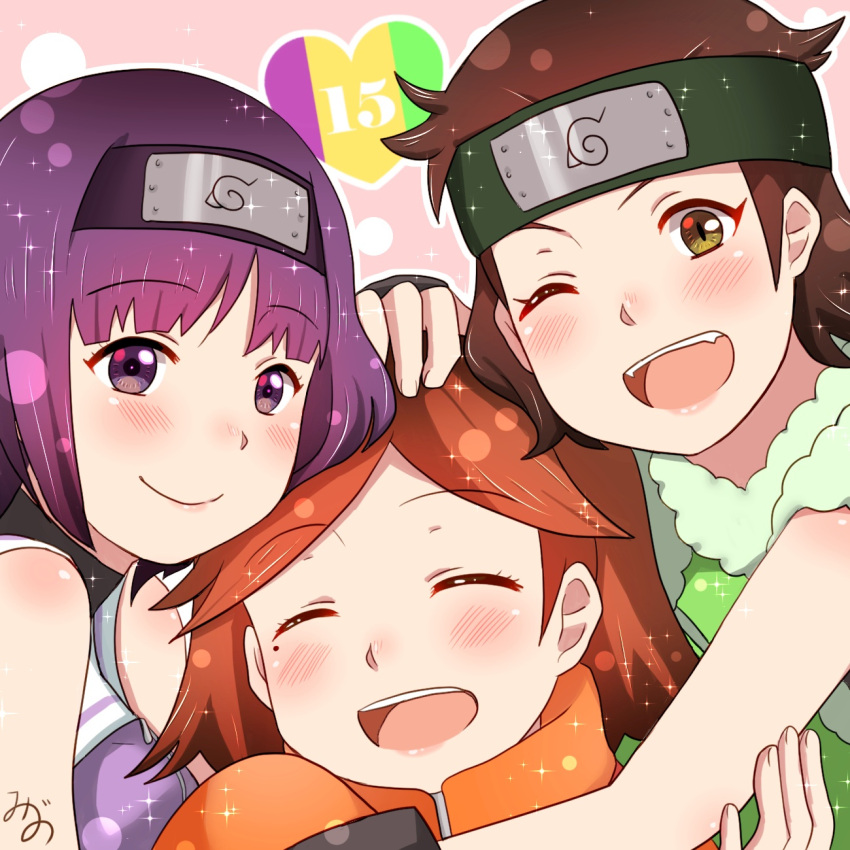 3girls, bare_shoulders, blush, boruto:_naruto_next_generations, braid, brown_hair, closed_eyes, green_eyes