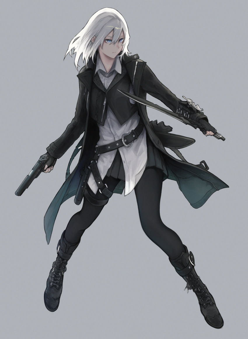1girl, black_footwear, black_jacket, black_legwear, black_skirt, black_vest, blue_eyes, boots