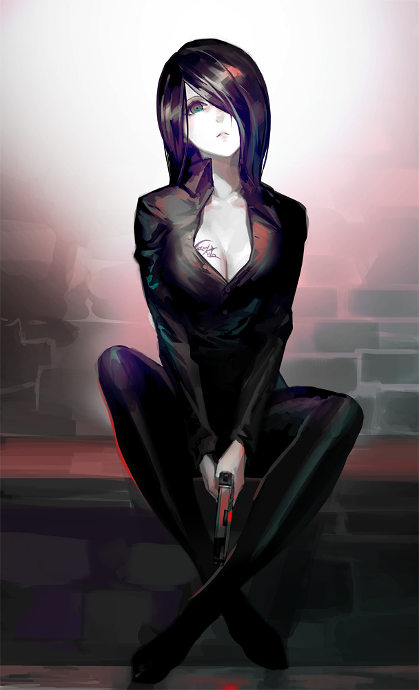 1girl, aqua_eyes, black_hair, breast_tattoo, breasts, cleavage, gun, hair_over_one_eye