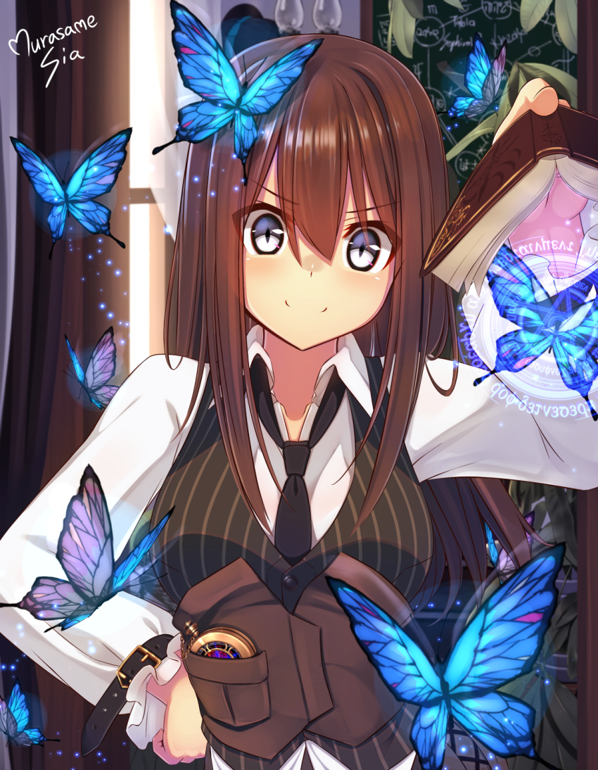 1girl, animal, artist_name, bangs, black_neckwear, blush, book, breasts