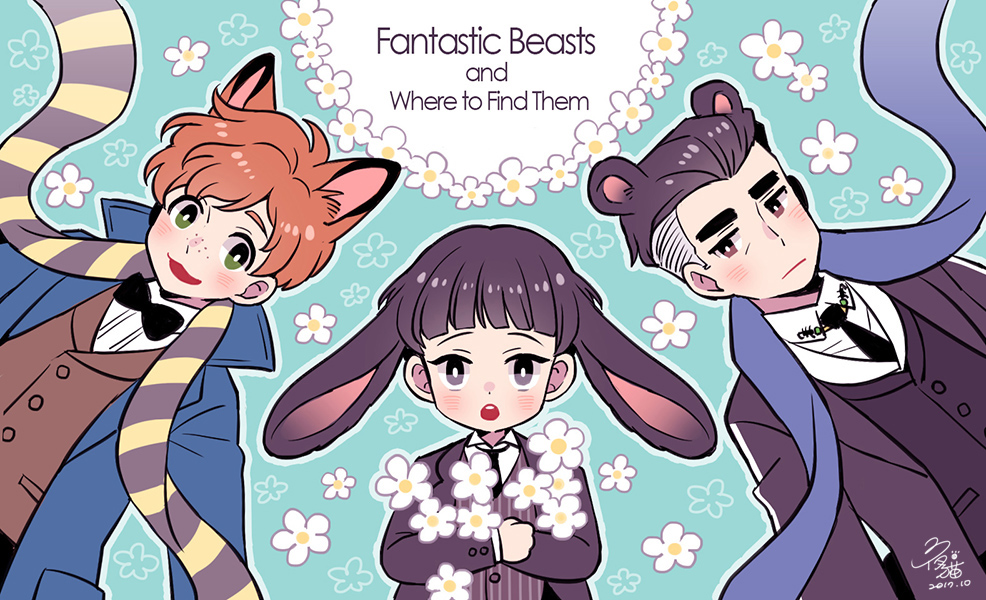 3boys, animal_ears, aqua_background, artist_name, bear_ears, black_hair, bow, bowtie