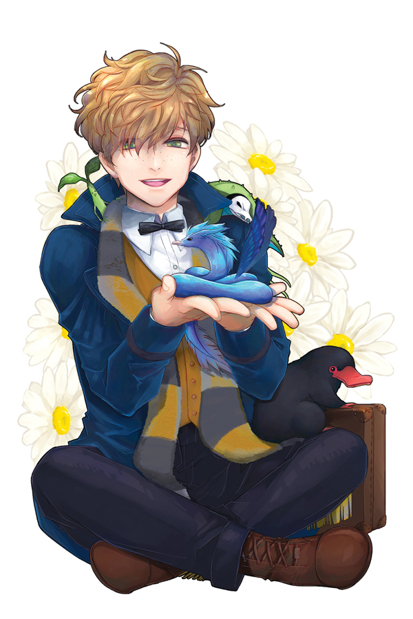 boots, bow, bowtie, bowtruckle, brown_hair, fantastic_beasts_and_where_to_find_them, flower, freckles
