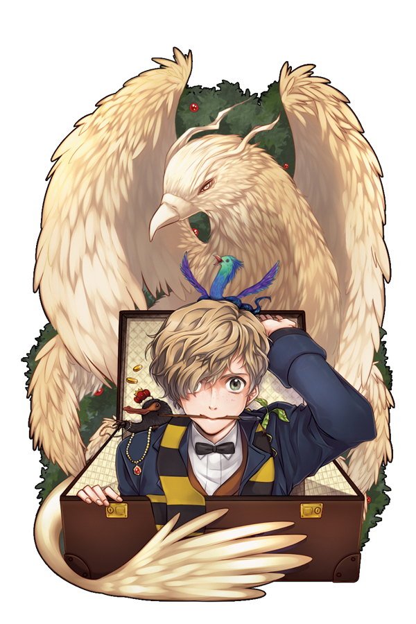 1boy, bow, bowtie, bowtruckle, brown_hair, coin, crown, fantastic_beasts_and_where_to_find_them