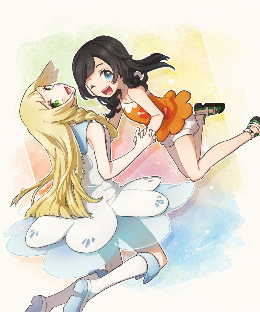 2girls, hand_holding, highres, lillie_(pokemon), miu_(miuuu_721), mizuki_(pokemon_usum), multiple_girls, pokemon