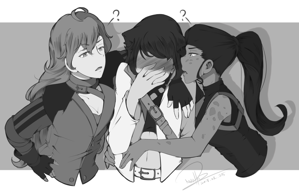 3girls, ?, arm_around_shoulder, blake_belladonna, blush, breasts, cleavage, dark_skin