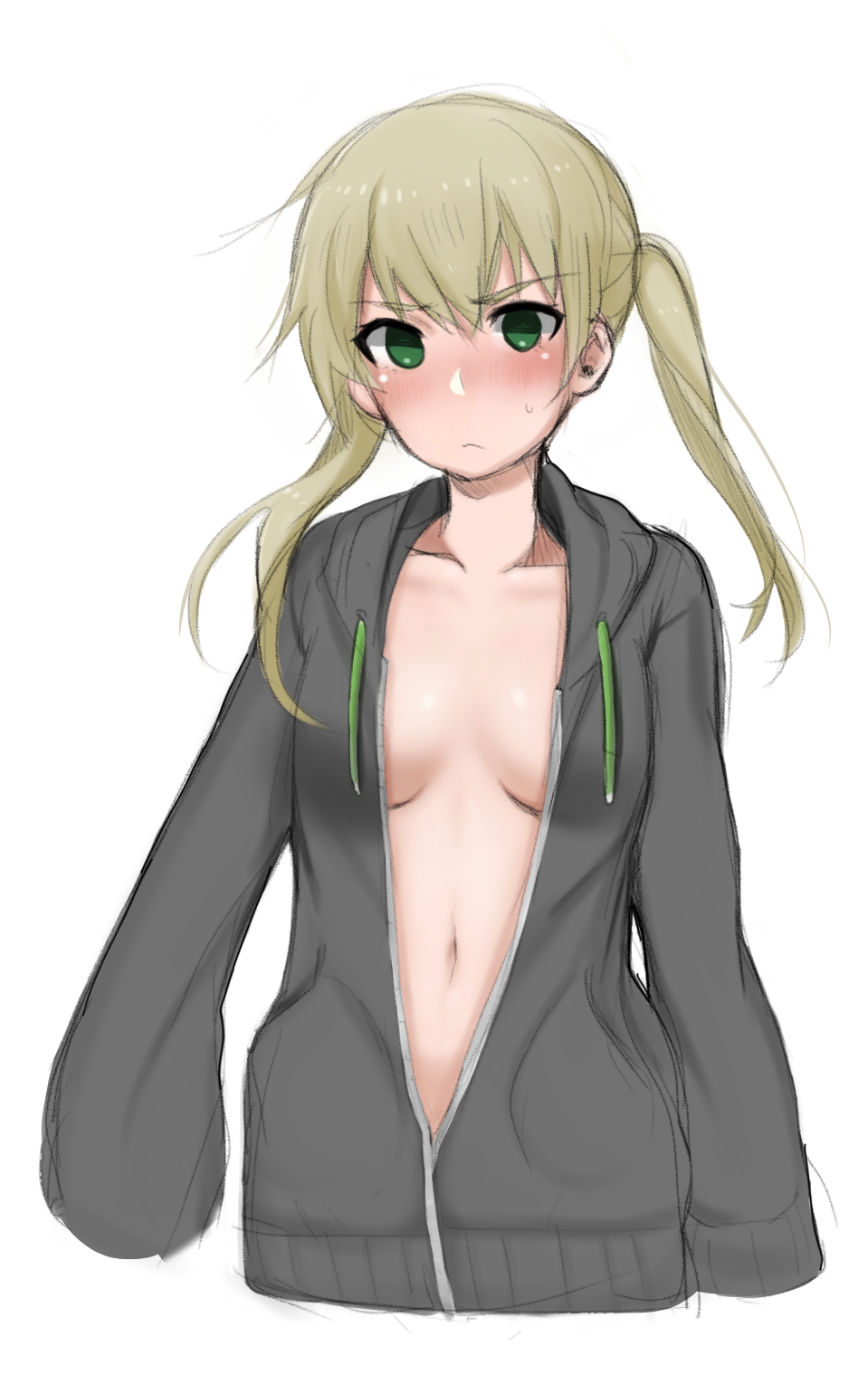 1girl, bangs, black_jacket, blonde_hair, blush, breasts, closed_mouth, coat