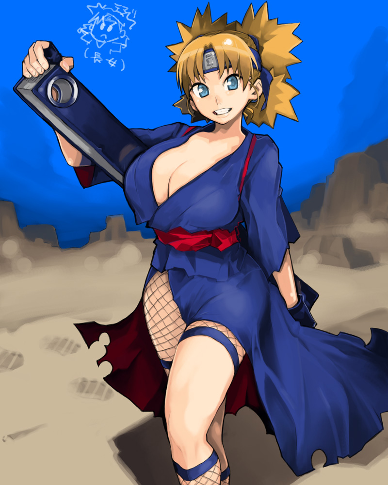 blonde_hair, blue_eyes, breasts, brown_hair, cleavage, fan, fishnets, headband
